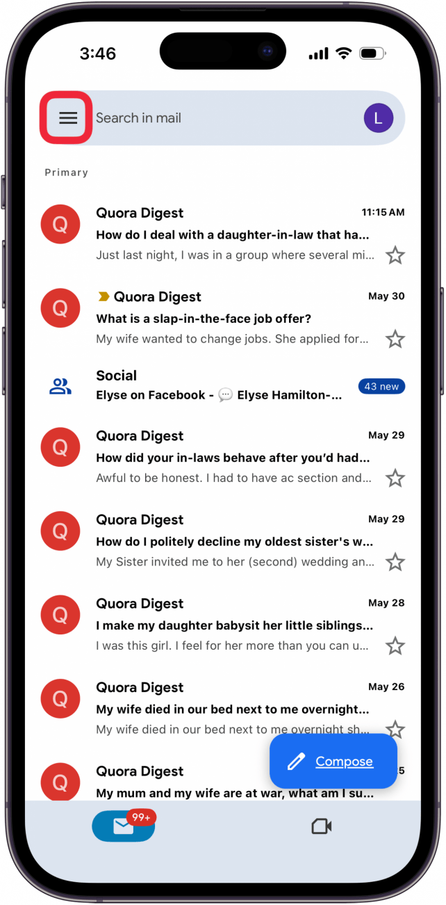 tap hamburger icon in gmail app