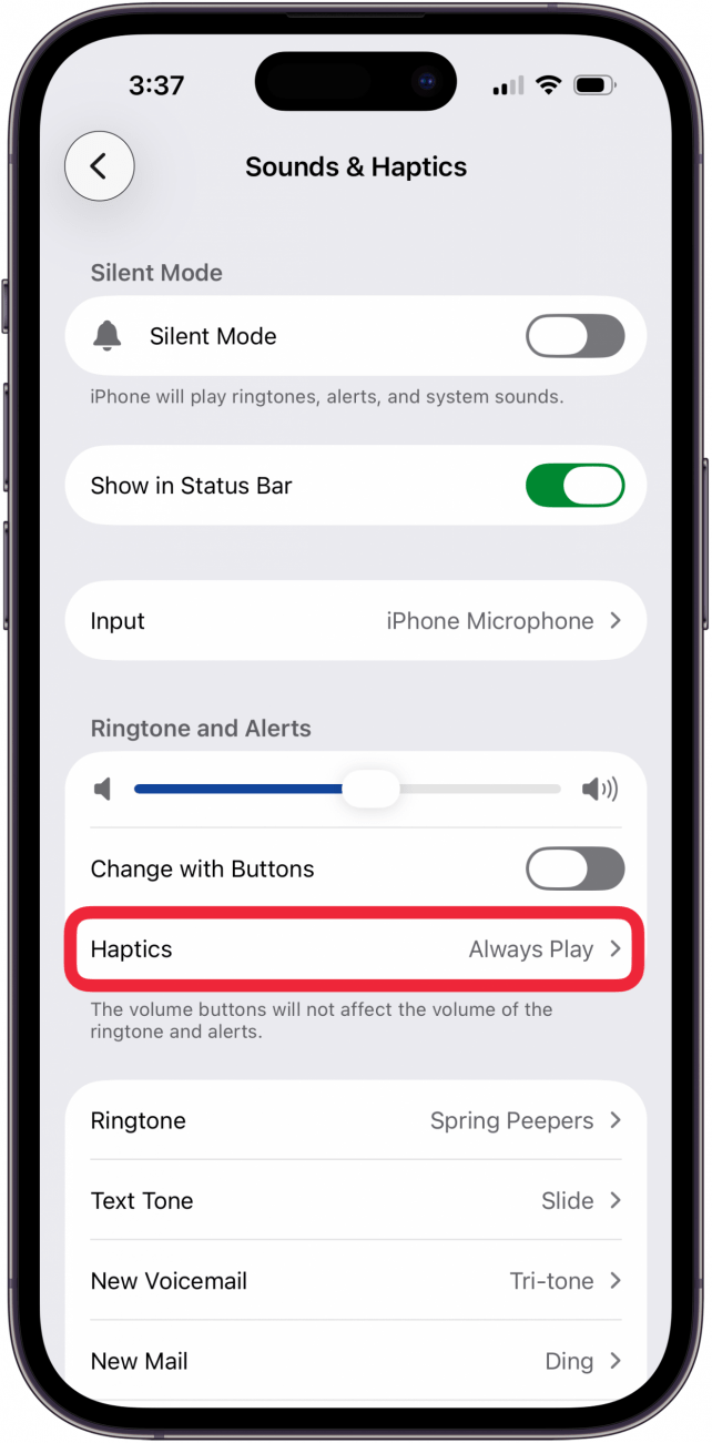 tap haptics in sounds and haptics settings