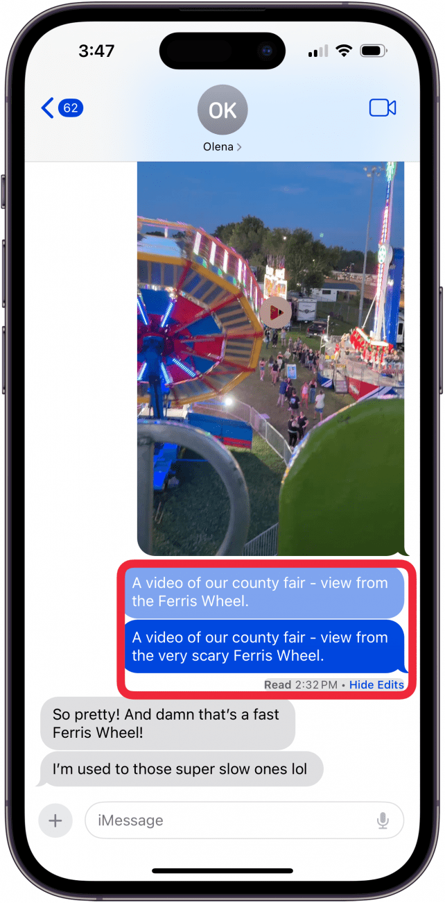 tap hide edits to stop showing original message