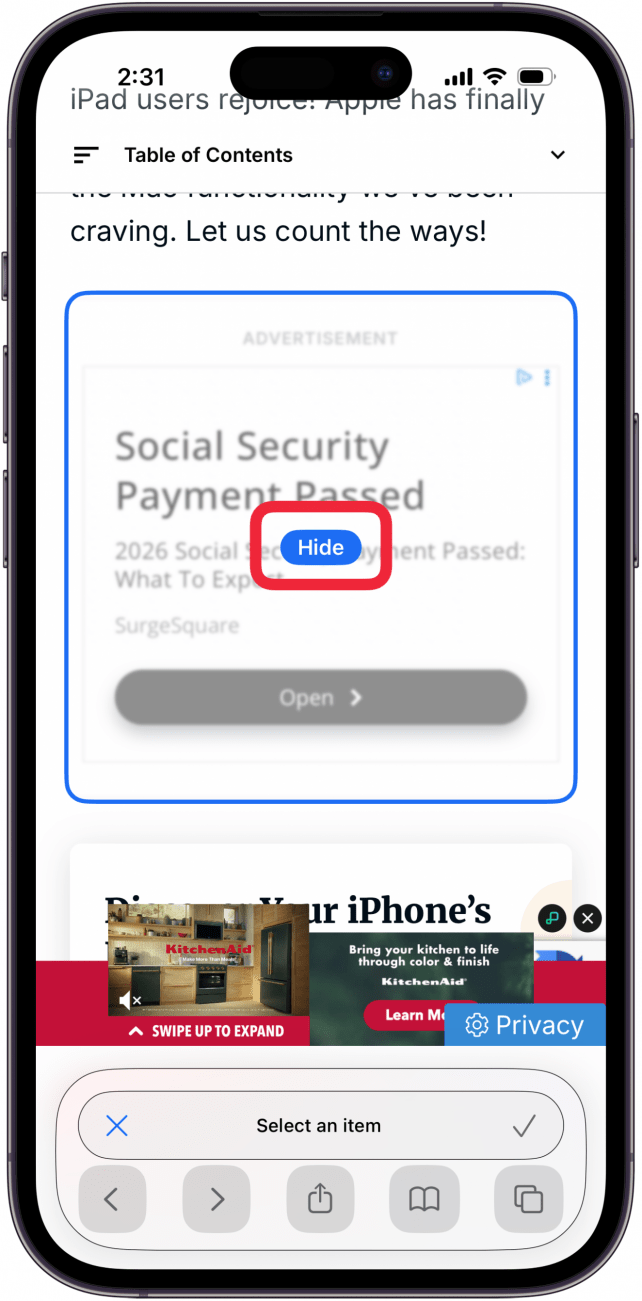 tap hide in blue box