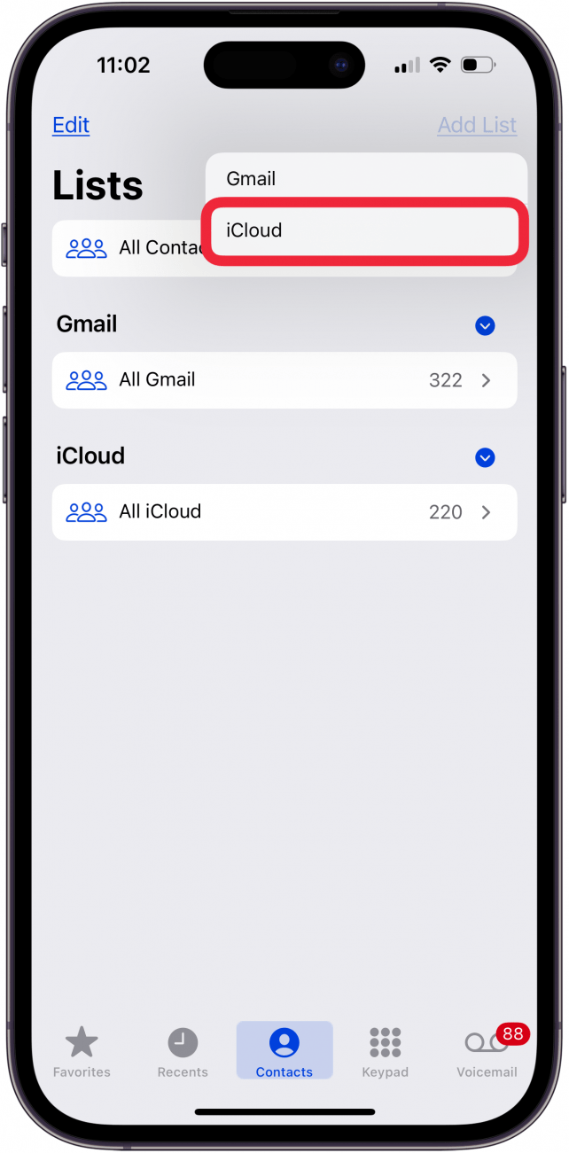 tap icloud to create a group in contacts on iphone