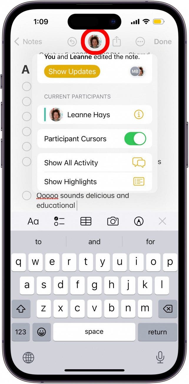 tap icon at top of shared note
