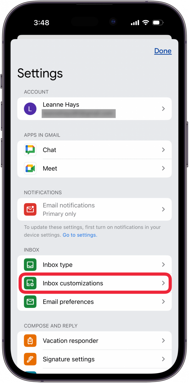 tap inbox customizations
