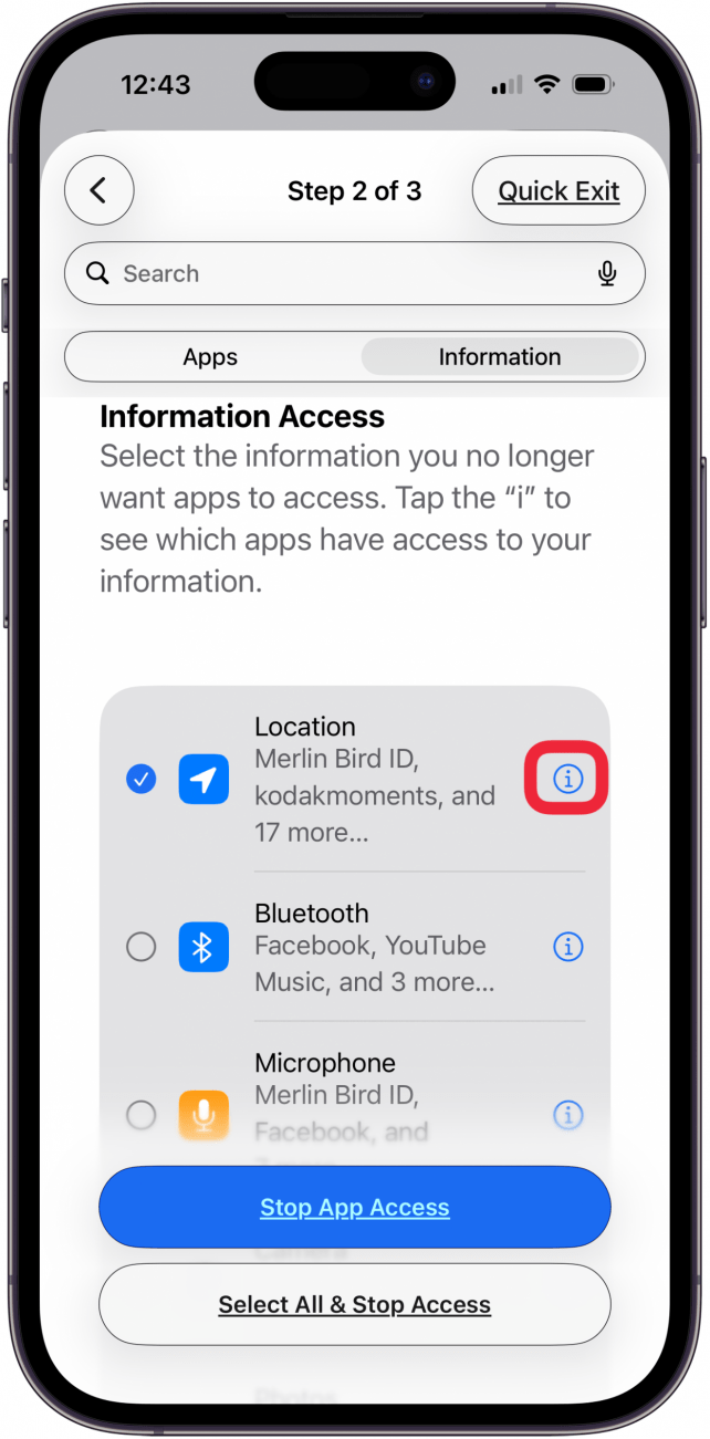 tap info icon for more info about app location settings