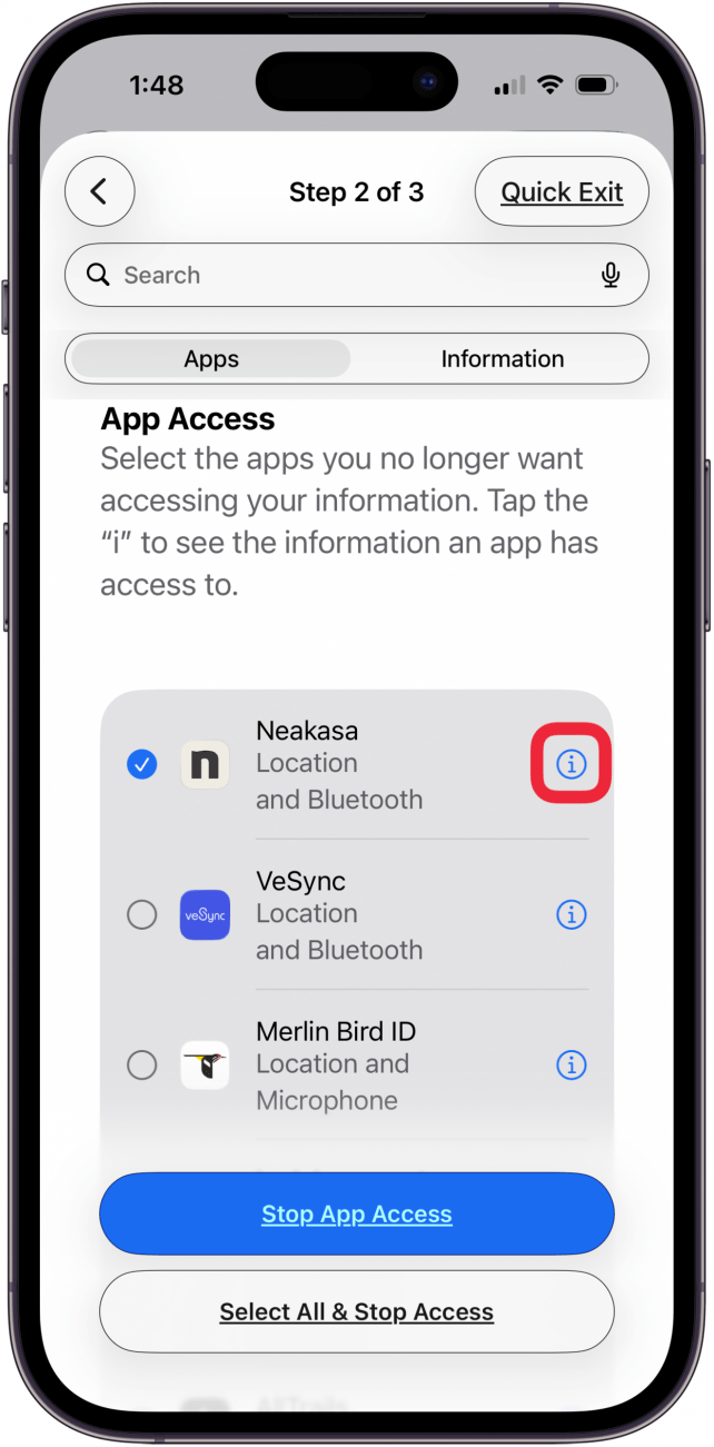 tap info icon next to app to learn about app access tap info icon next to app to learn about app access