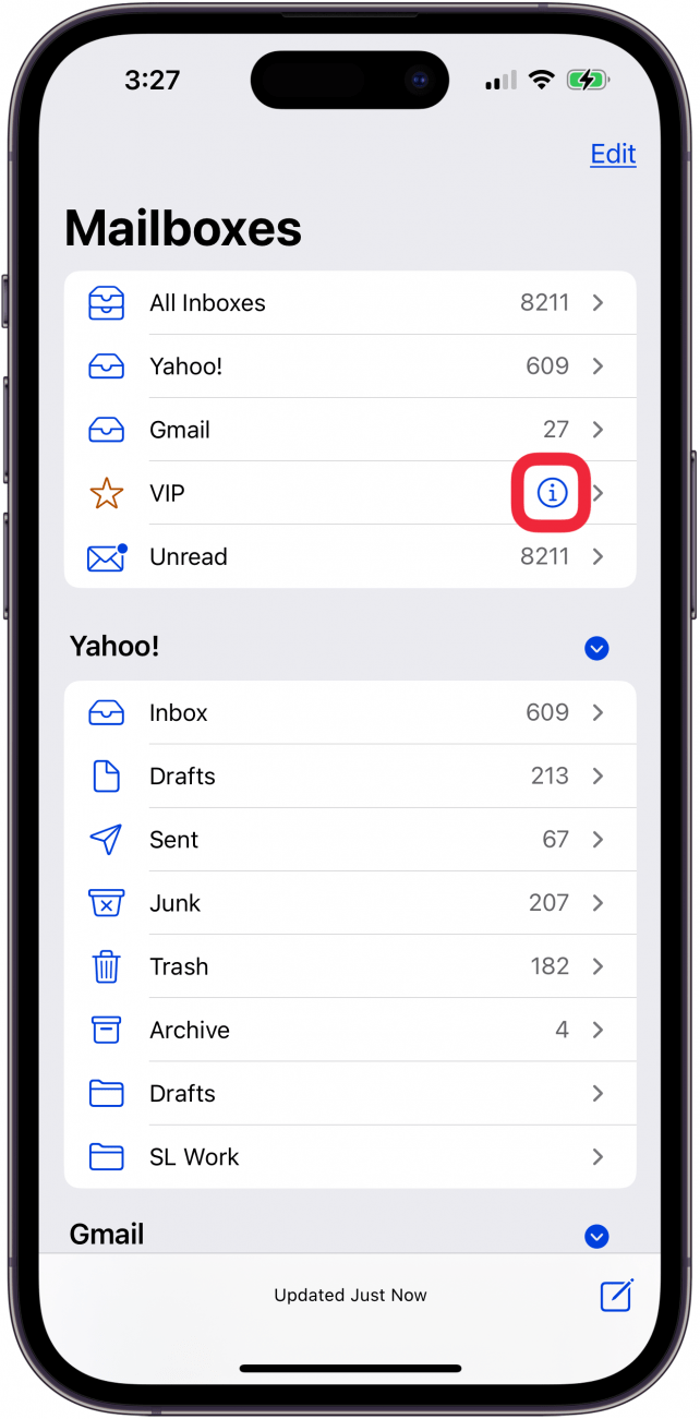 tap info icon next to vip mailbox on iphone