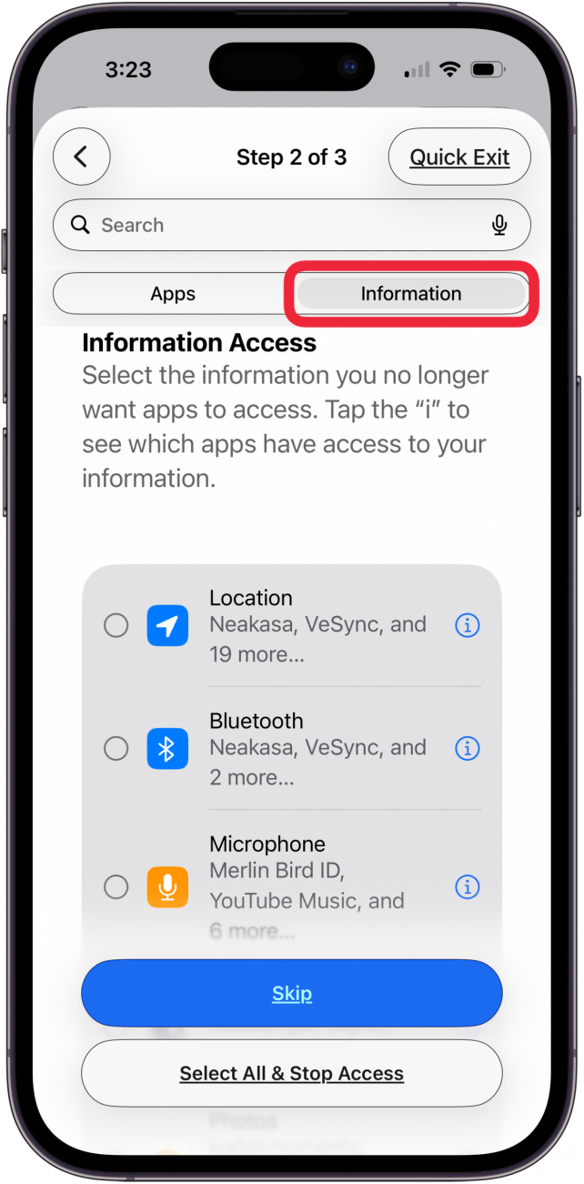 tap information tab for information access control