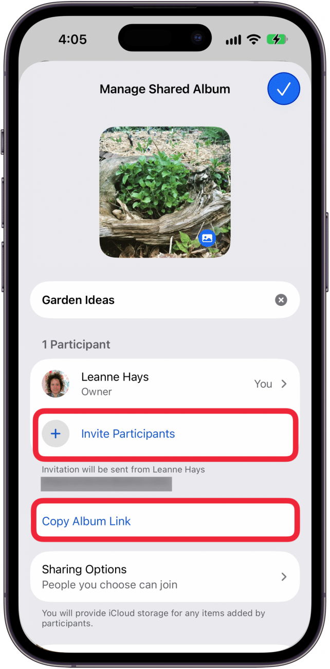 tap invite participants or copy album link
