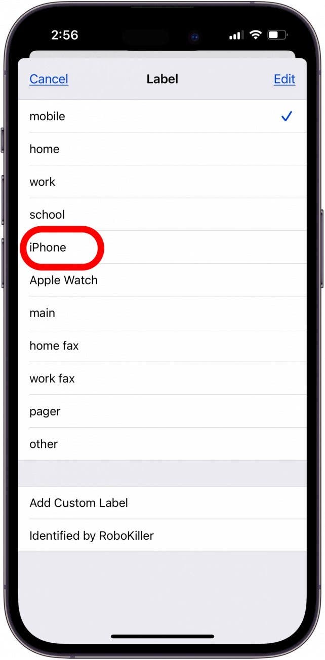 tap iphone in contacts label menu