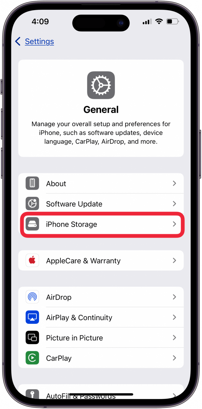 tap iphone storage in general settings