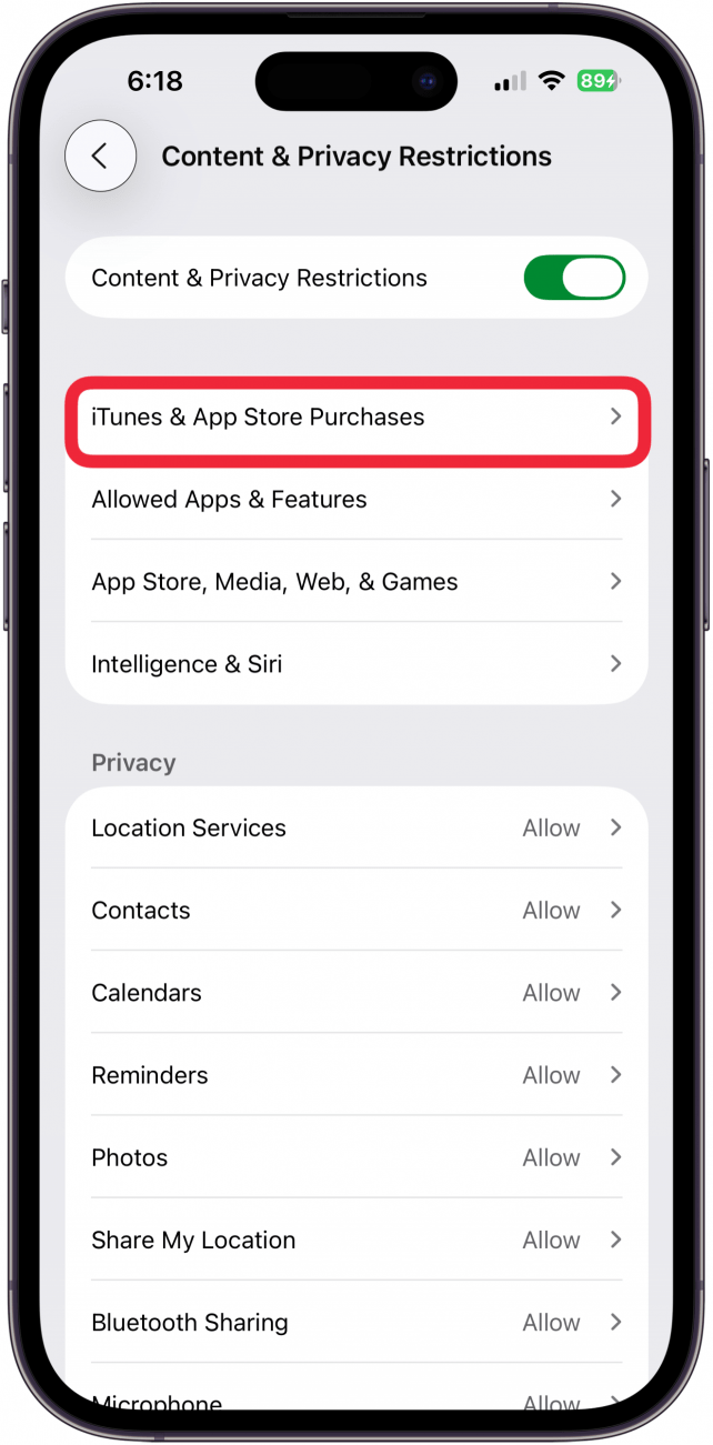 tap itunes and app store purchases in screen time settings