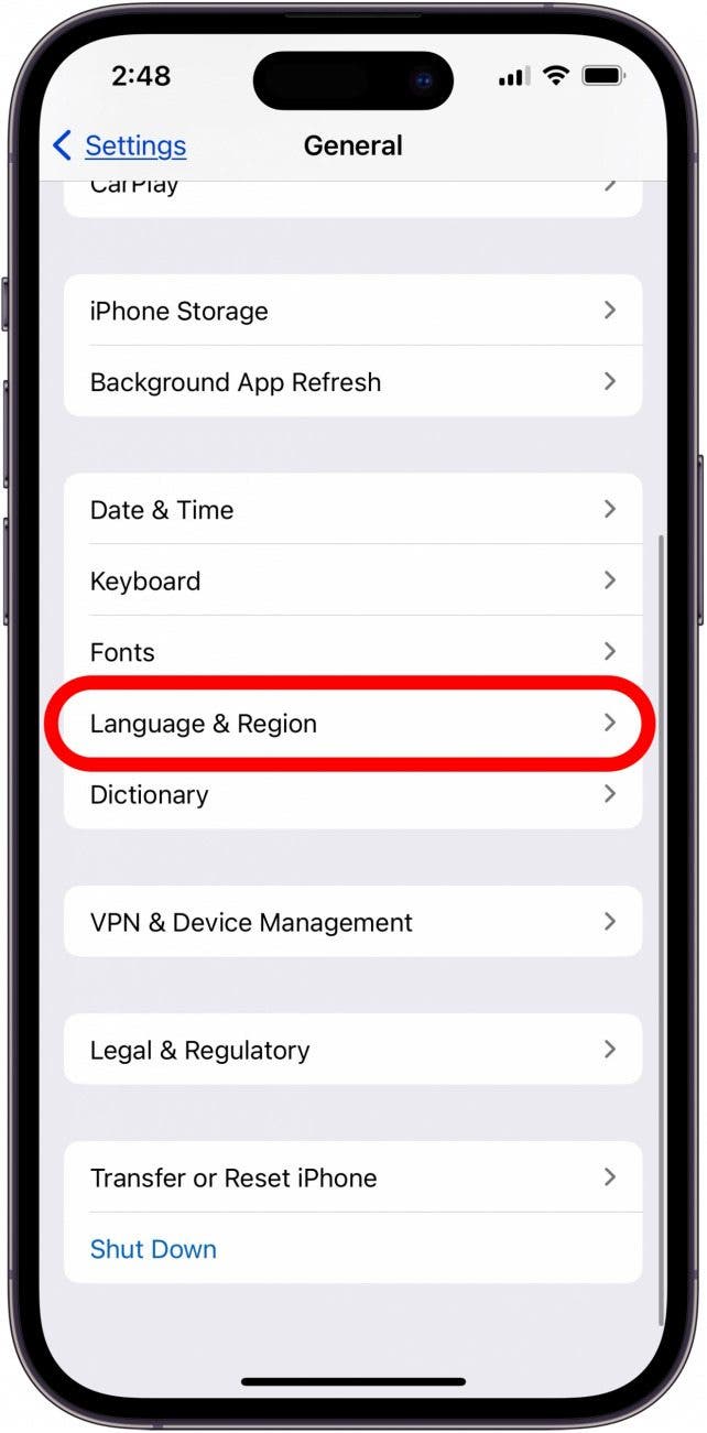 tap language and region in iphone settings