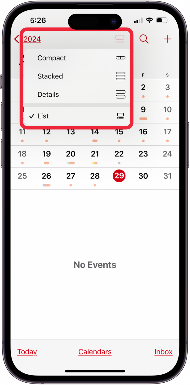 tap list icon at top of page to change how calendar events are viewed
