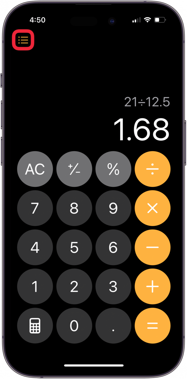 tap list icon to see iphone calculator history