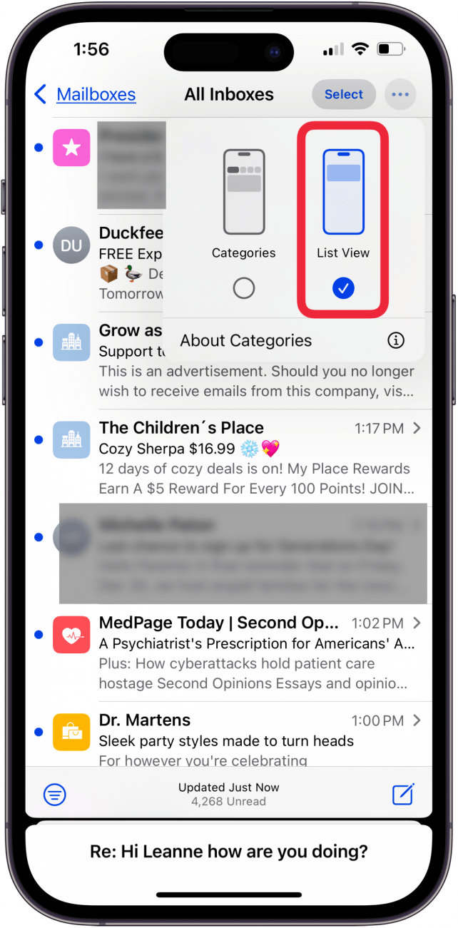 tap list view in mail app