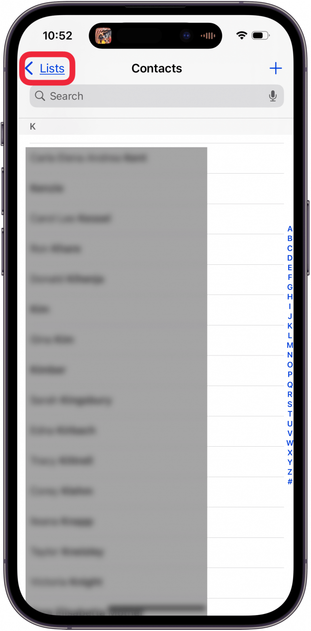 tap lists at top of contacts page