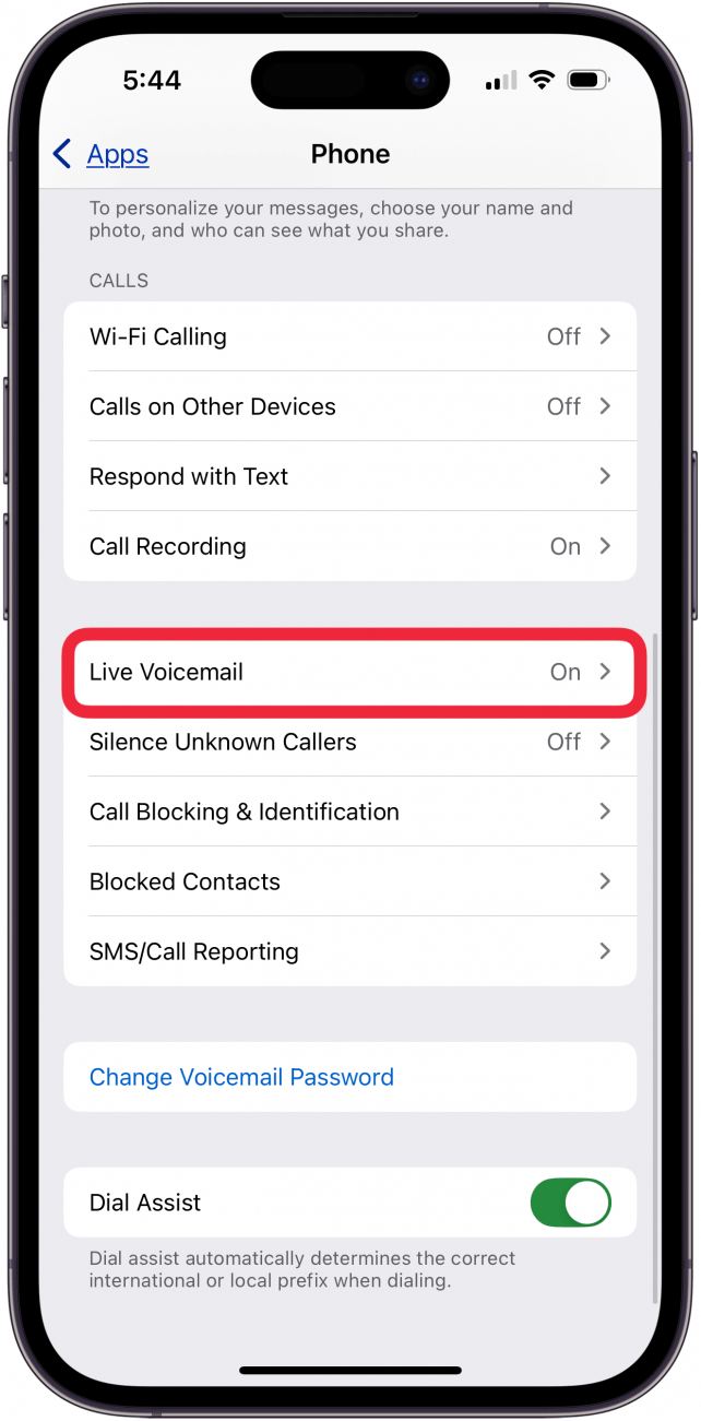 tap live voicemail in phone settings tap live voicemail in phone settings