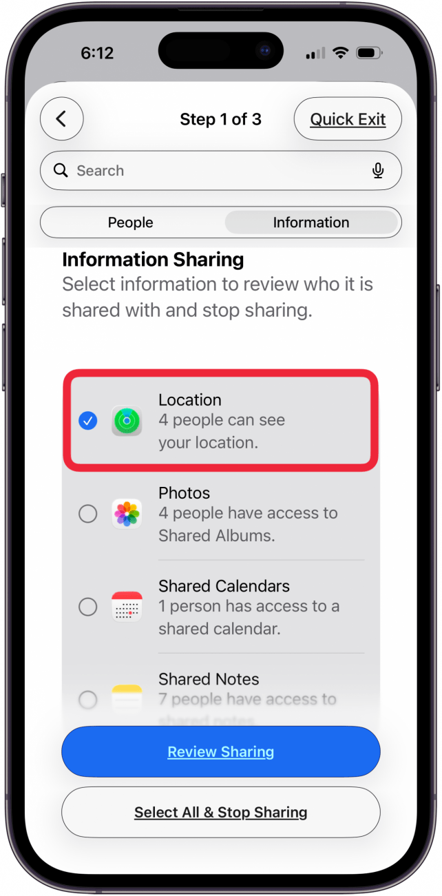 tap location in information tab