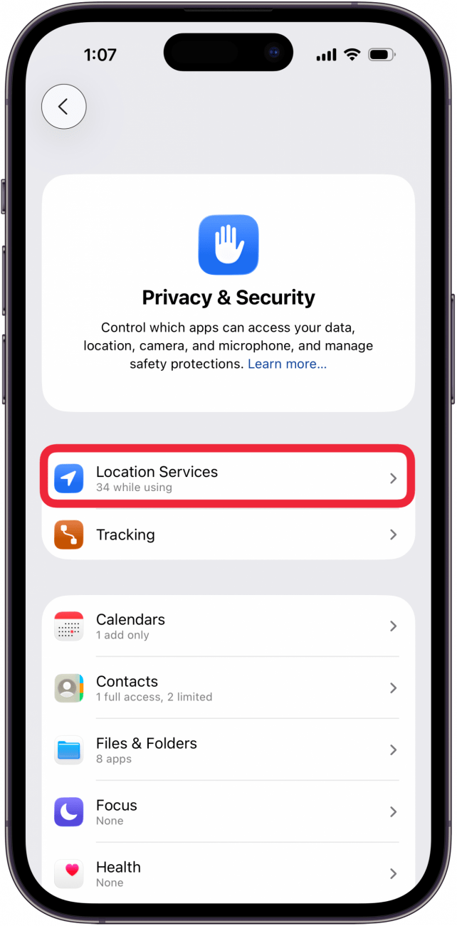 tap location services in privacy and security