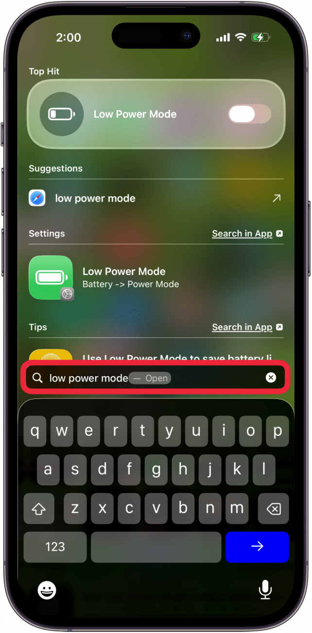 tap low power mode in search box