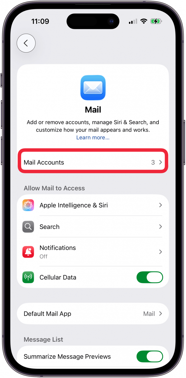 tap mail accounts in mail settings