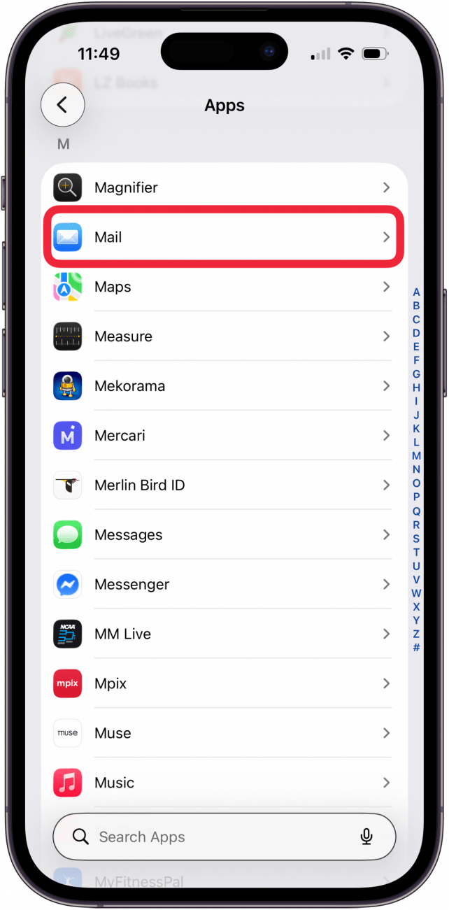 tap mail in apps settings
