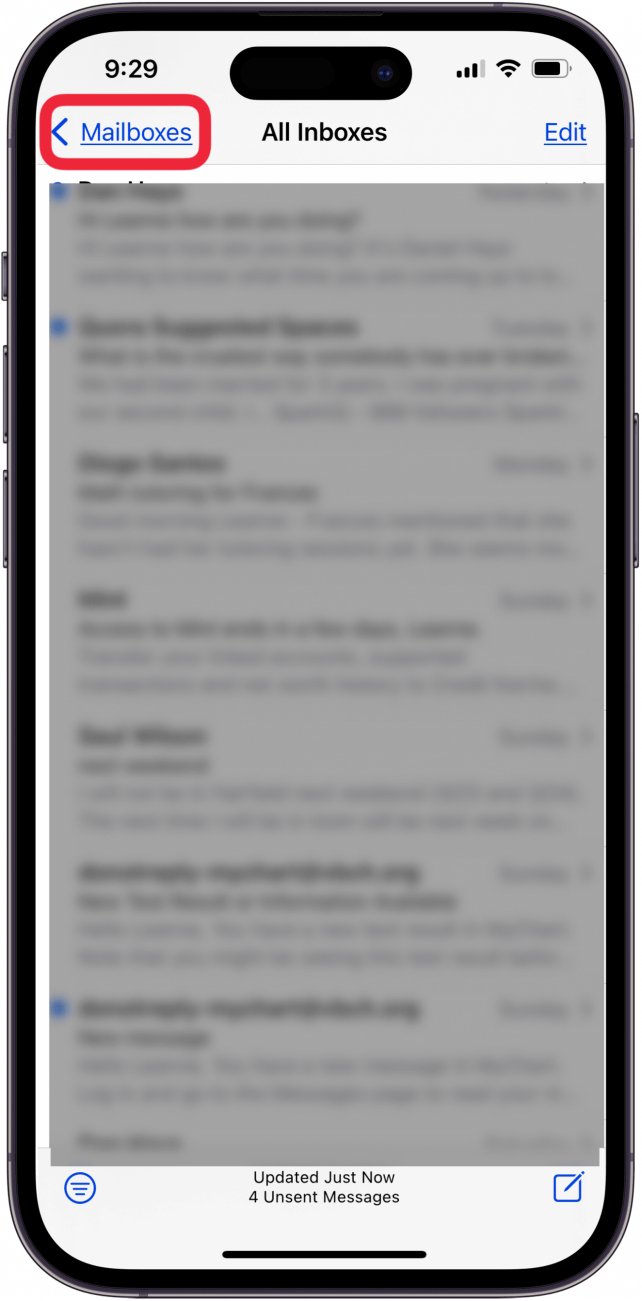 tap mailboxes at top of screen to restore missing email on iphone
