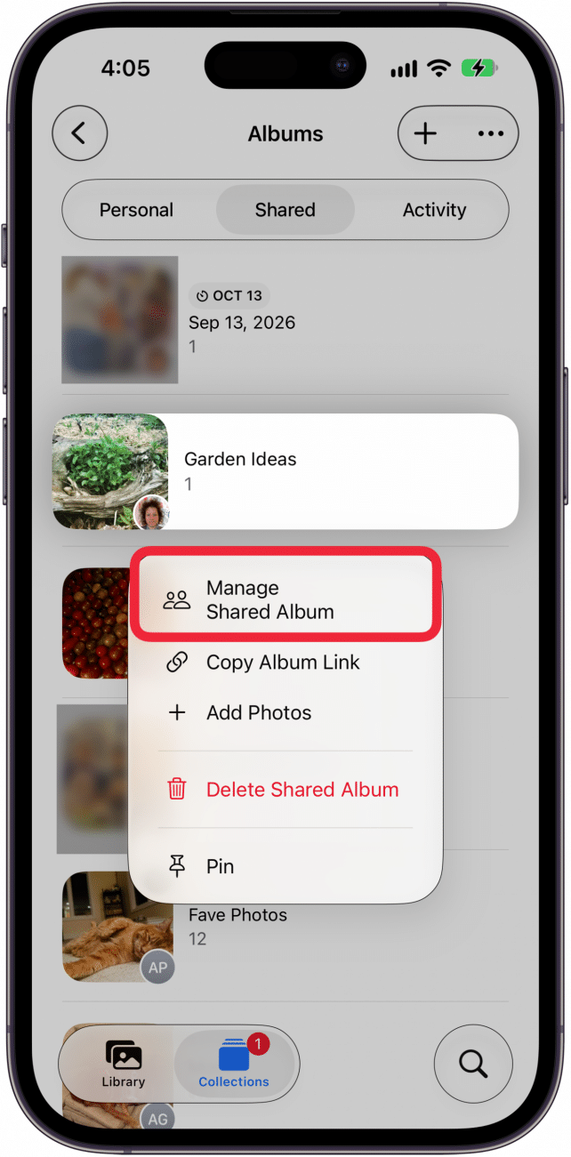 tap manage shared album