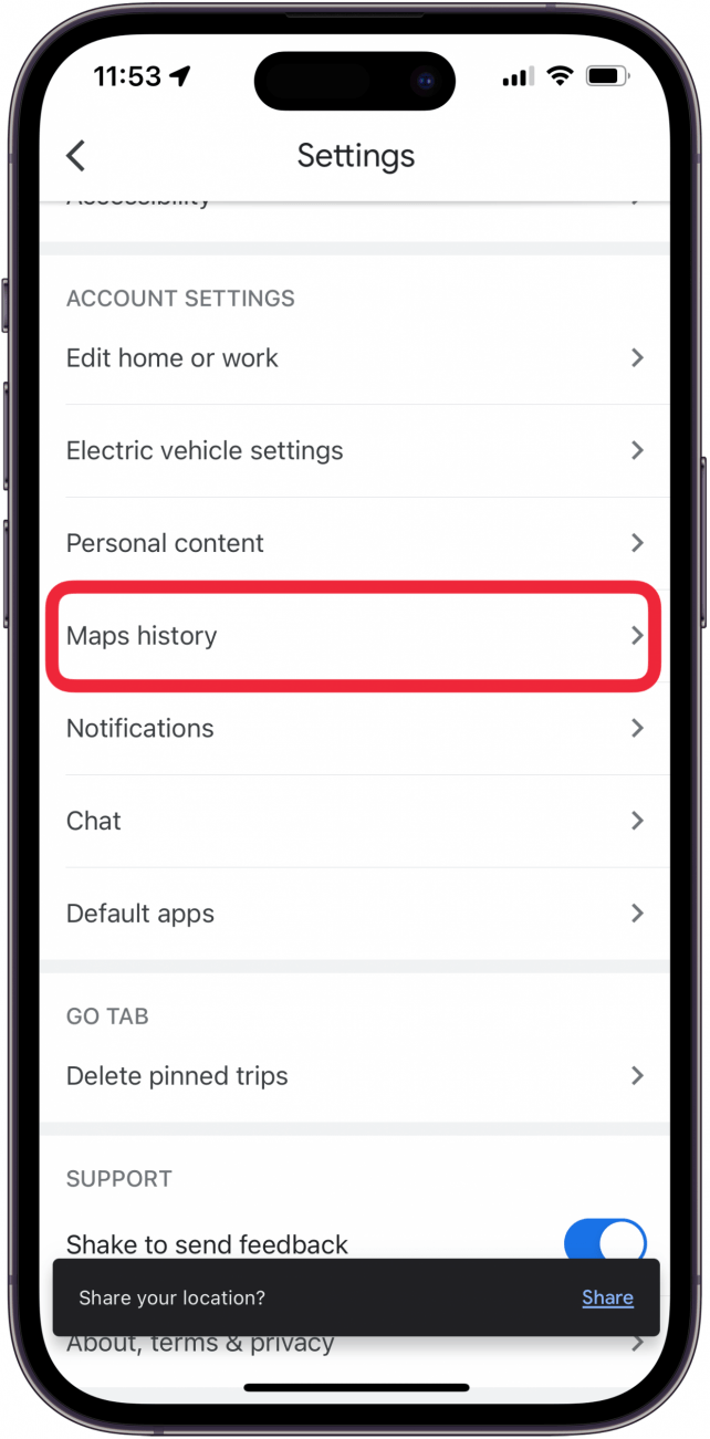 tap maps history to clear google maps search history
