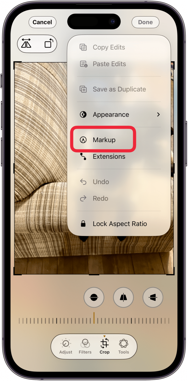 tap markup in menu
