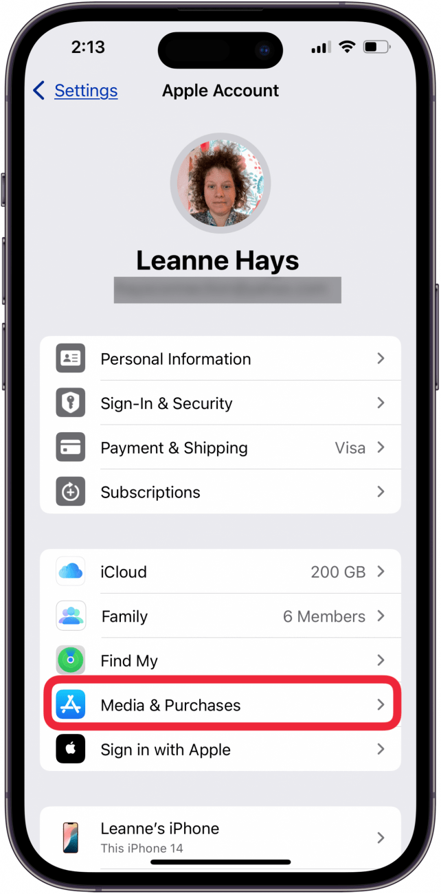 tap media and purchases in apple id settings
