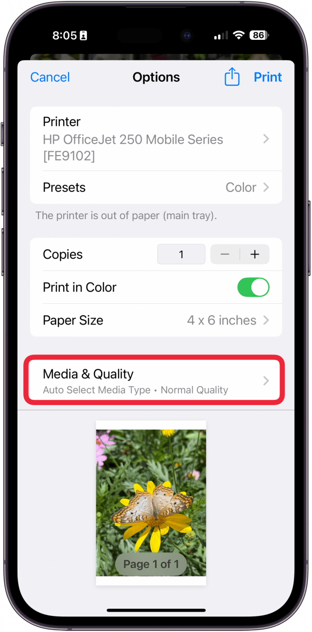 tap media andquality to choose iphone picture printing quality