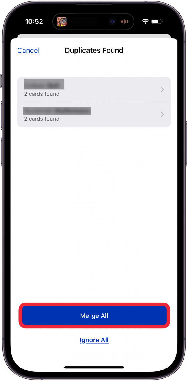 tap merge all to merge duplicate contacts