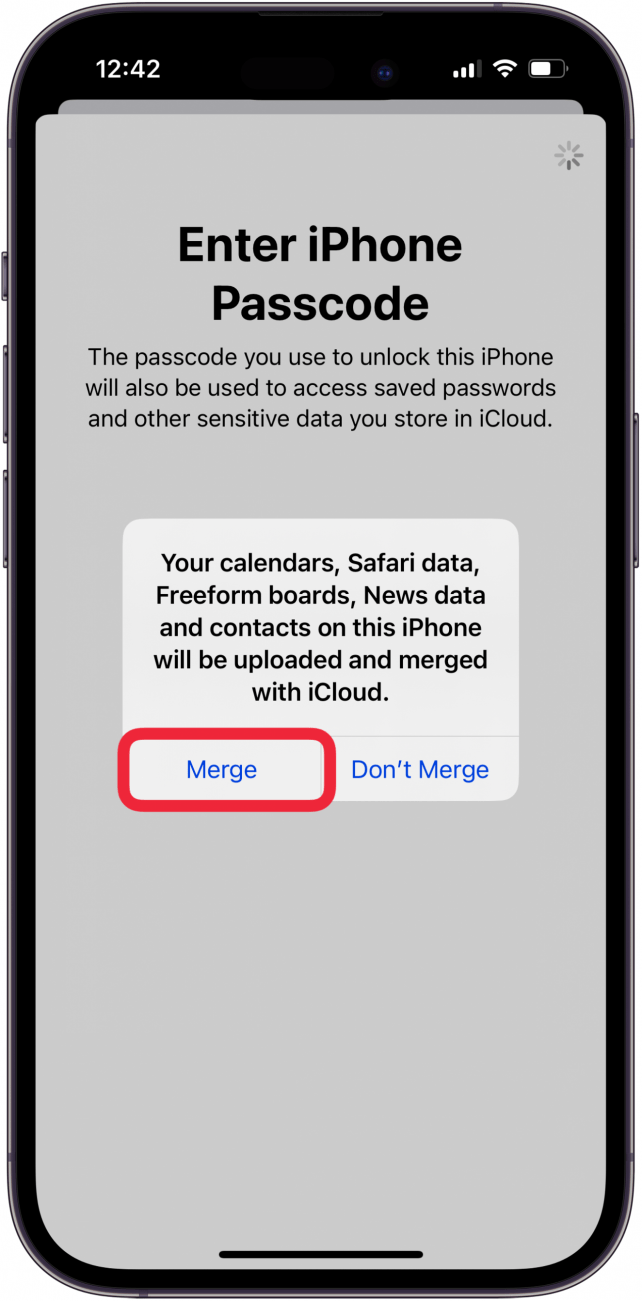 tap merge to merged iphone data to icloud