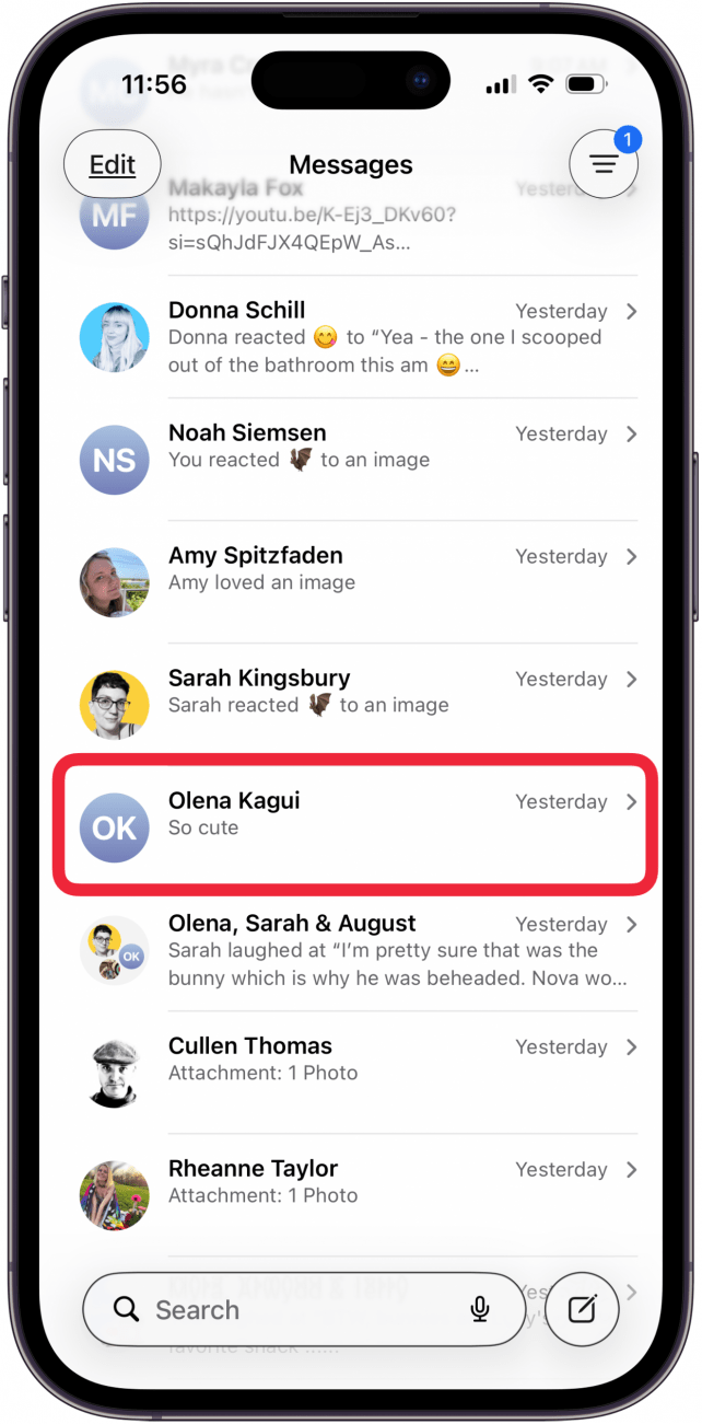 tap message in messages app