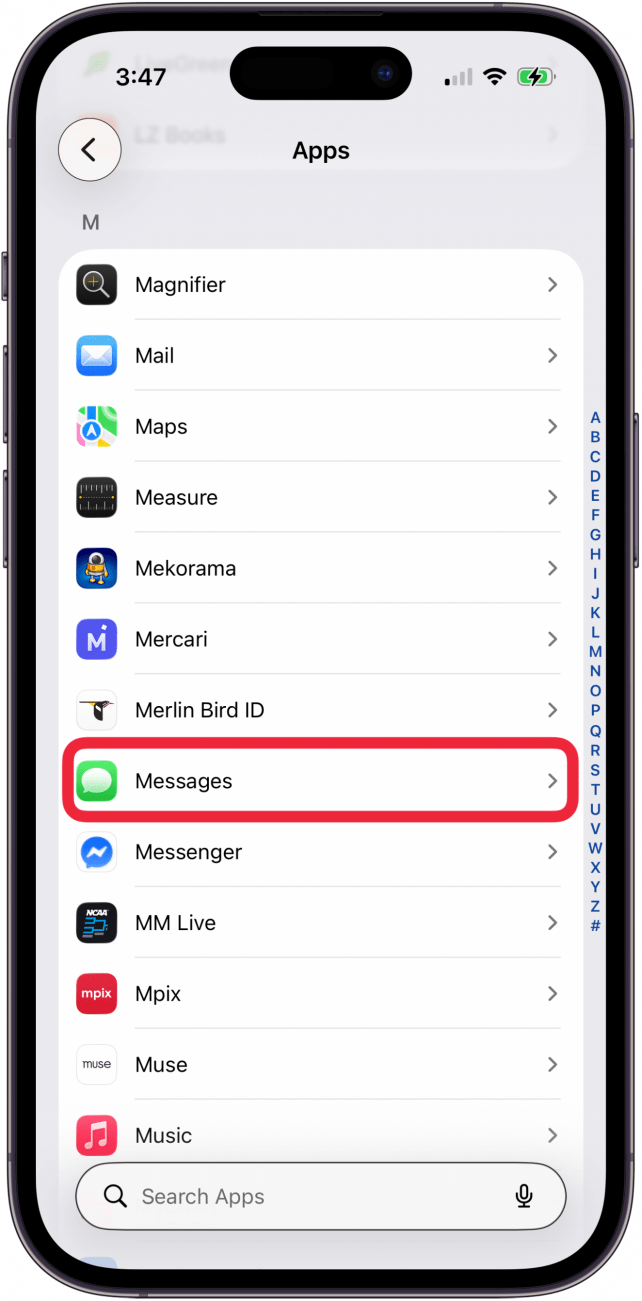 tap messages in apps settings