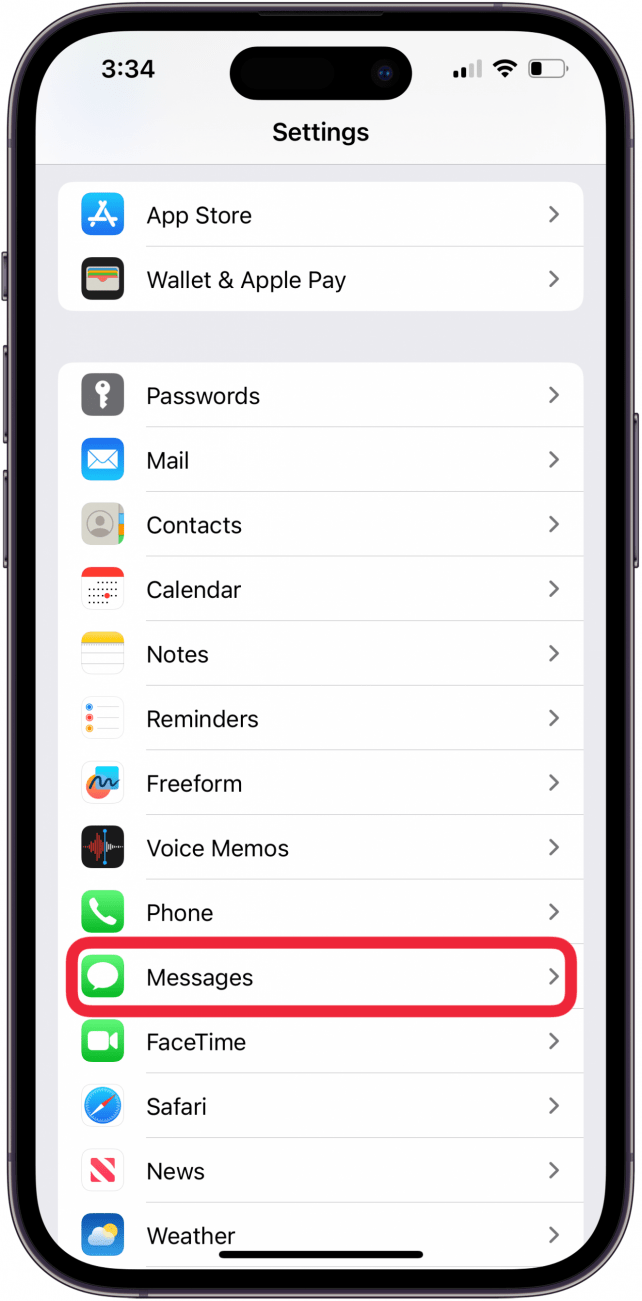 tap messages in the settings app