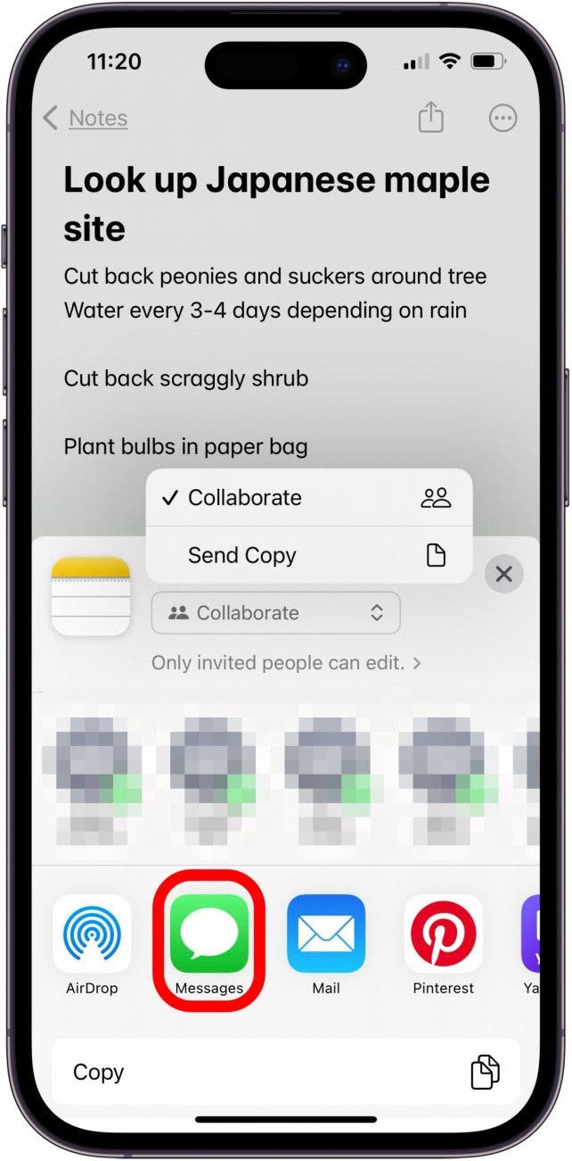 tap method for how to share a note on iphone