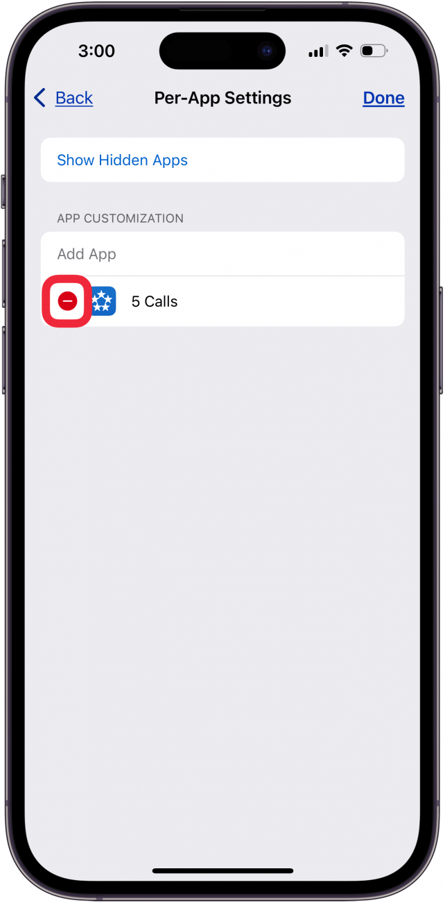 tap minus sign to delete app settings