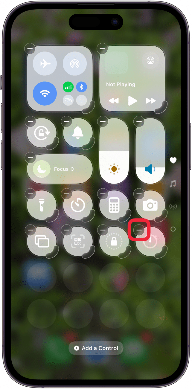 tap minus sign to delete icon from control center