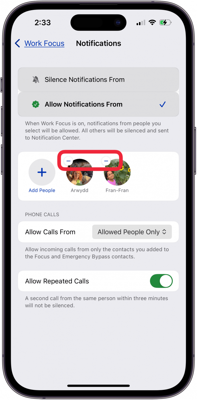tap minus sign to remove people from allowed notifications