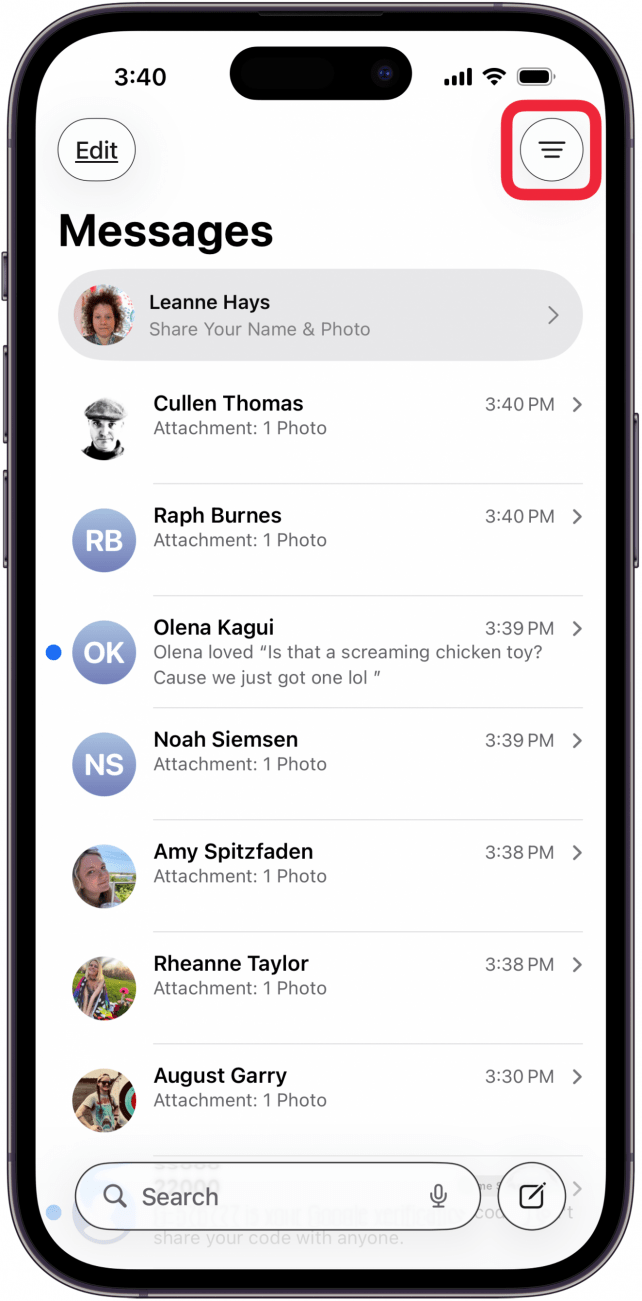 tap more icon in messages