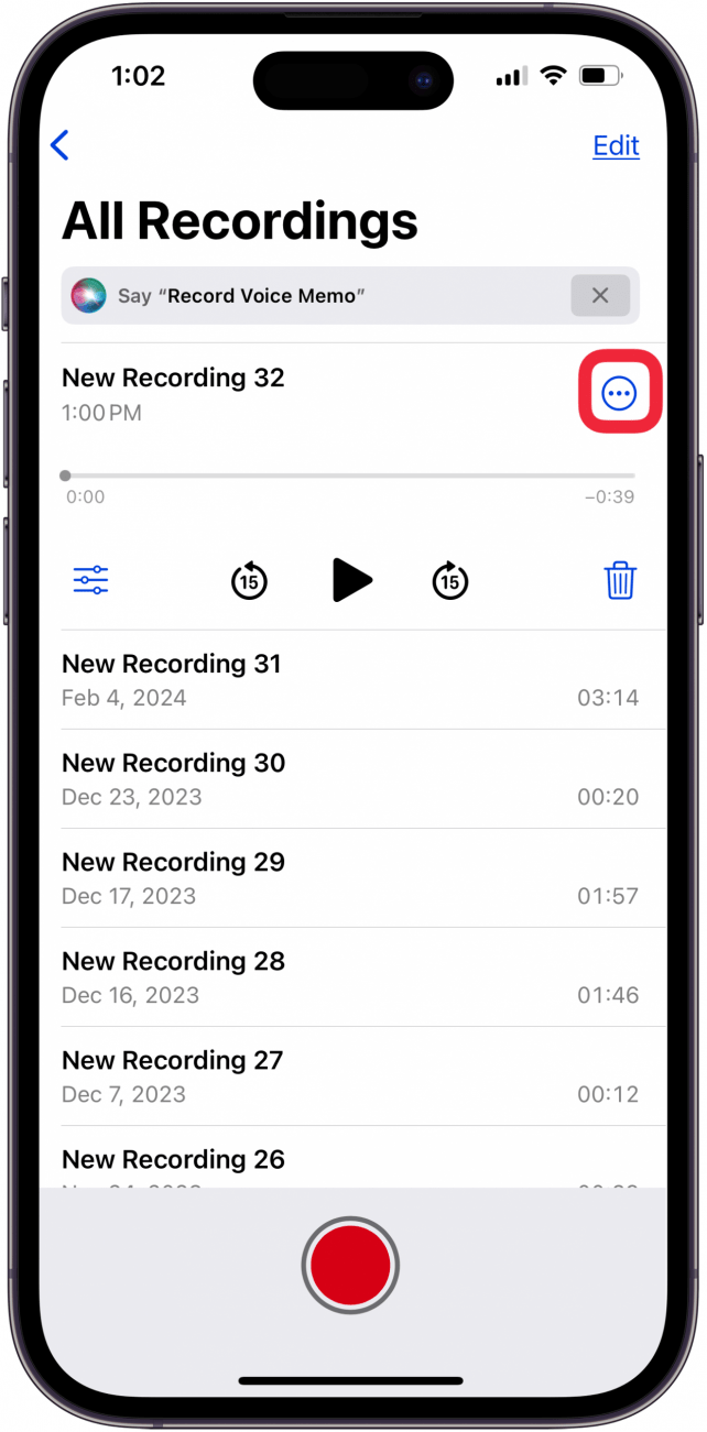 tap more icon on iphone voice memo to transcribe