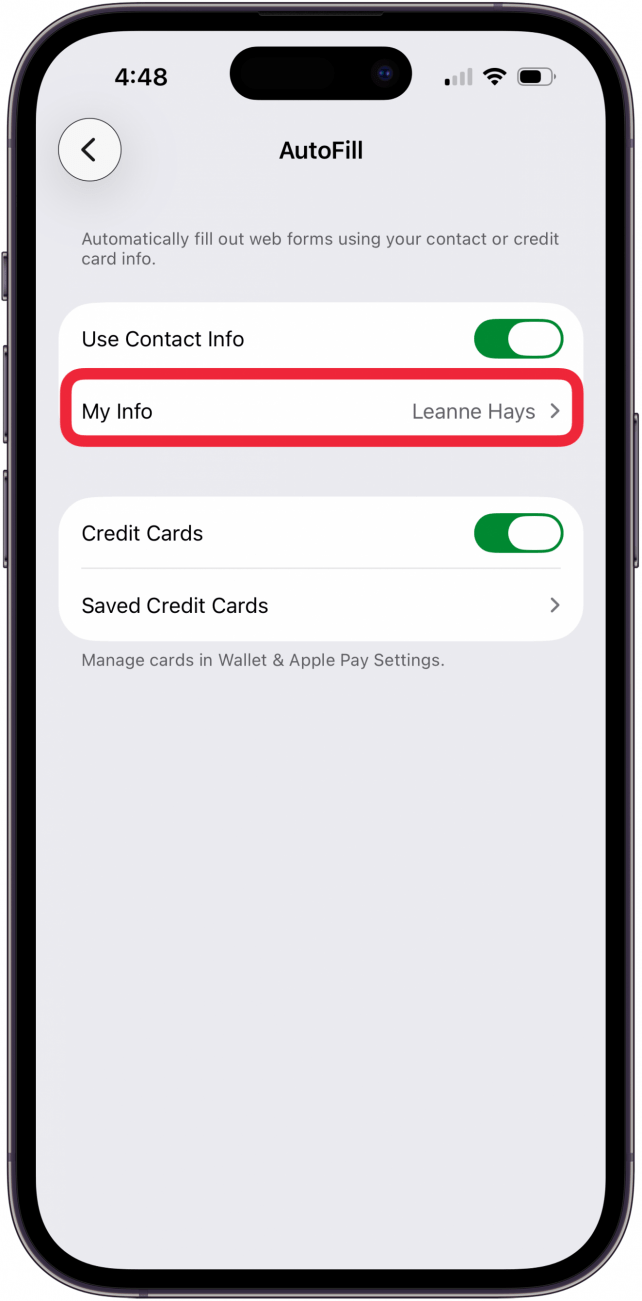 tap my info in autofill settings tap my info in autofill settings