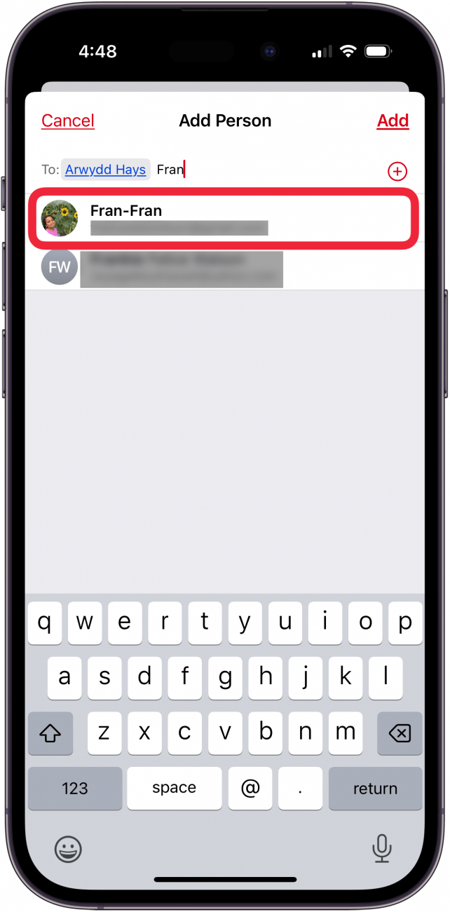 tap name of person you want to add to family calendar