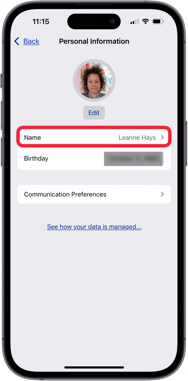tap name to change name in apple id account settings