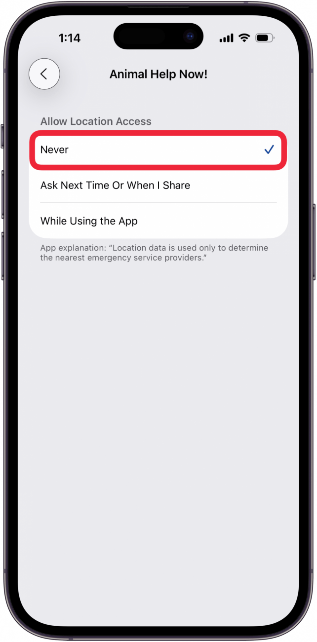 tap never to turn off location services for an app
