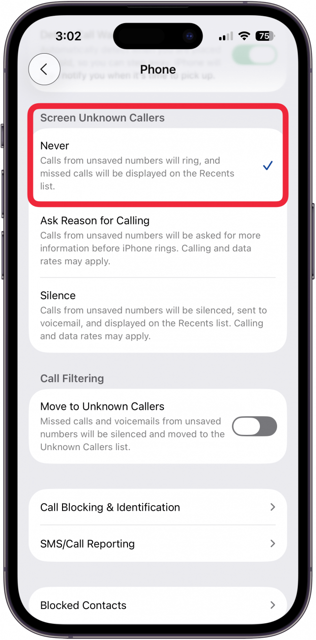 tap never under screen unknown callers