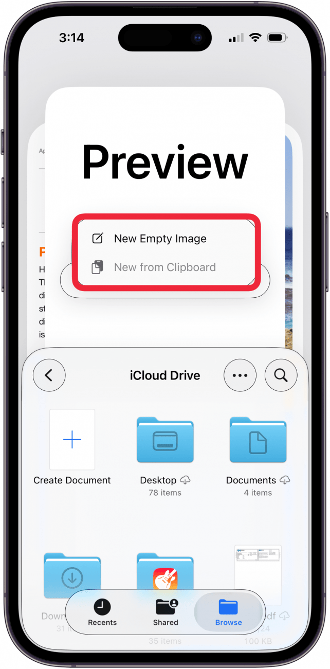 tap new empty image or new from clipboard in preview app
