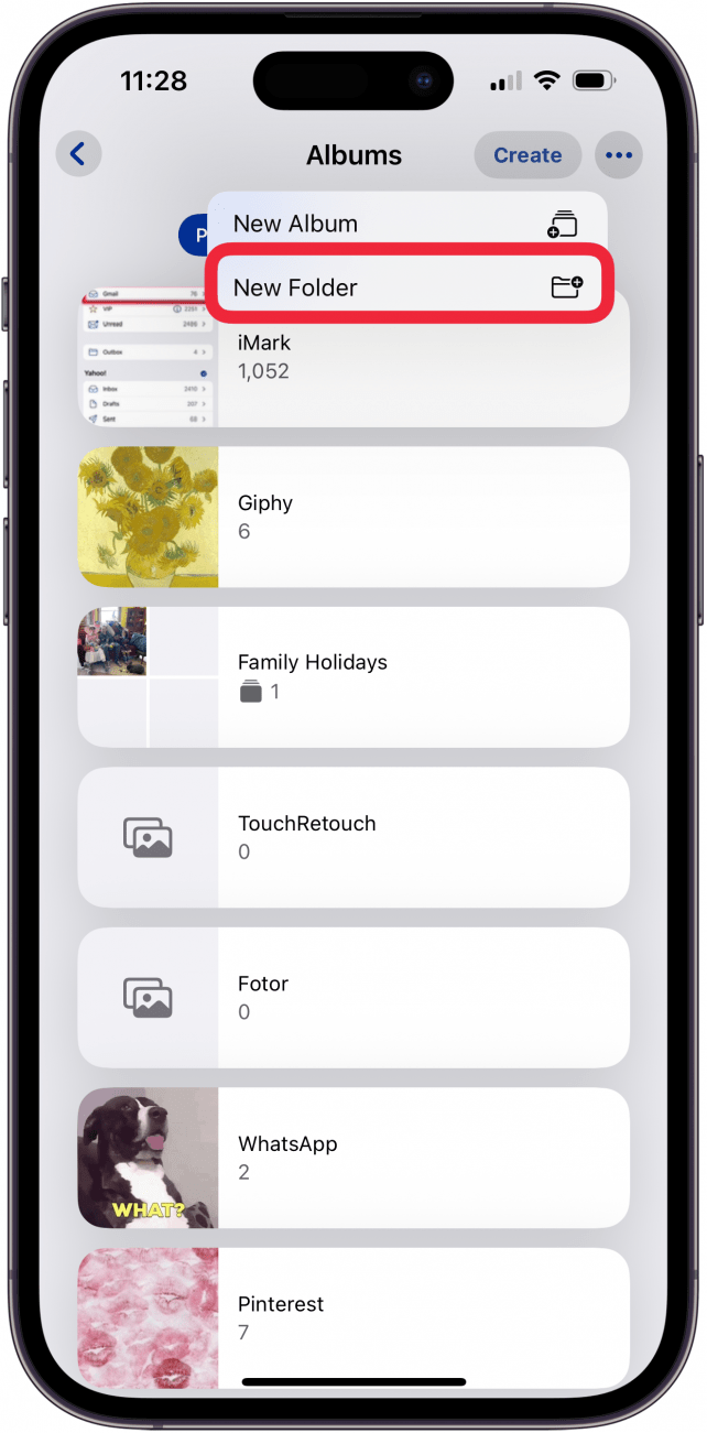 tap new folder to create photo folders on iphone